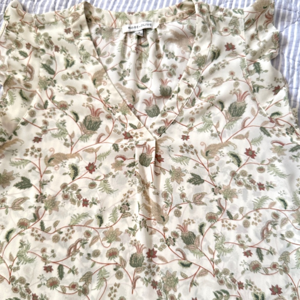 Rose & Olive Cream Botanical Floral Top - S Small - Boho Ruffle Romantic - Picture 7 of 15